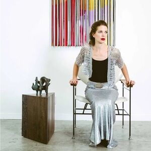 Escama Studio Sweater Womens M Silver Cropped Open Front Shrug Bolero